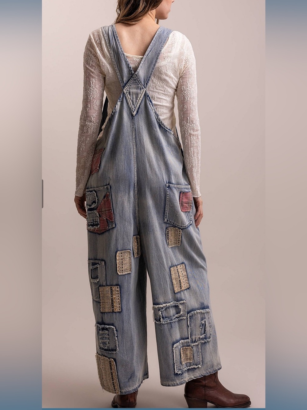 Wash Denim Patchwork Women's Wide-Leg Jeans Overalls - Picture 4 of 13